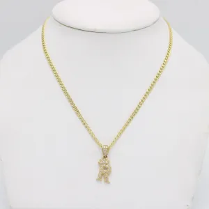 14K Mini-Crown Initial Name (R) Pendant Cz Stones With Cuban Chain Yellow Gold