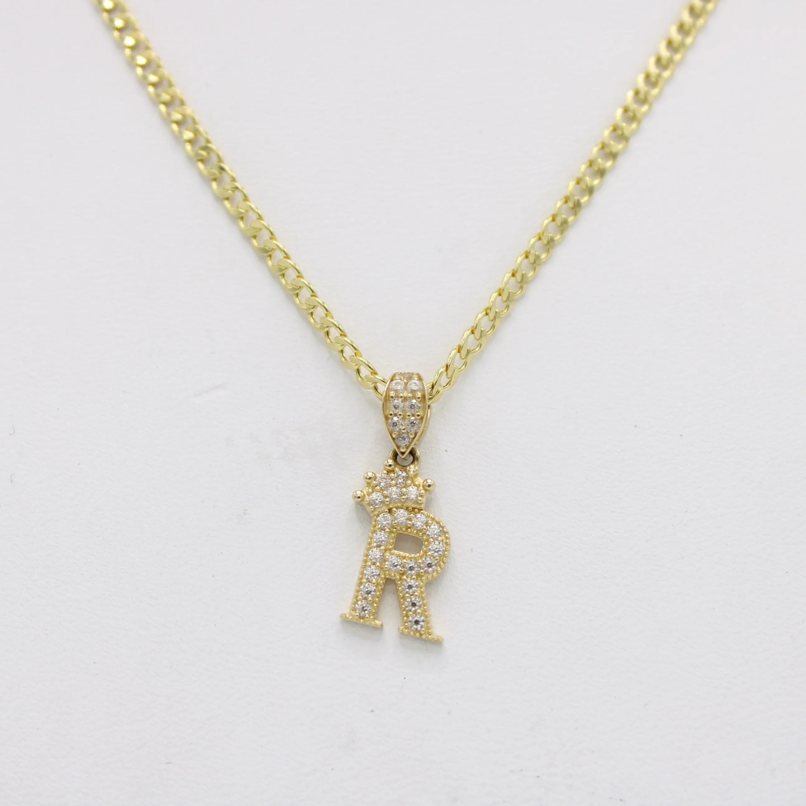 14K Mini-Crown Initial Name (R) Pendant Cz Stones With Cuban Chain Yellow Gold