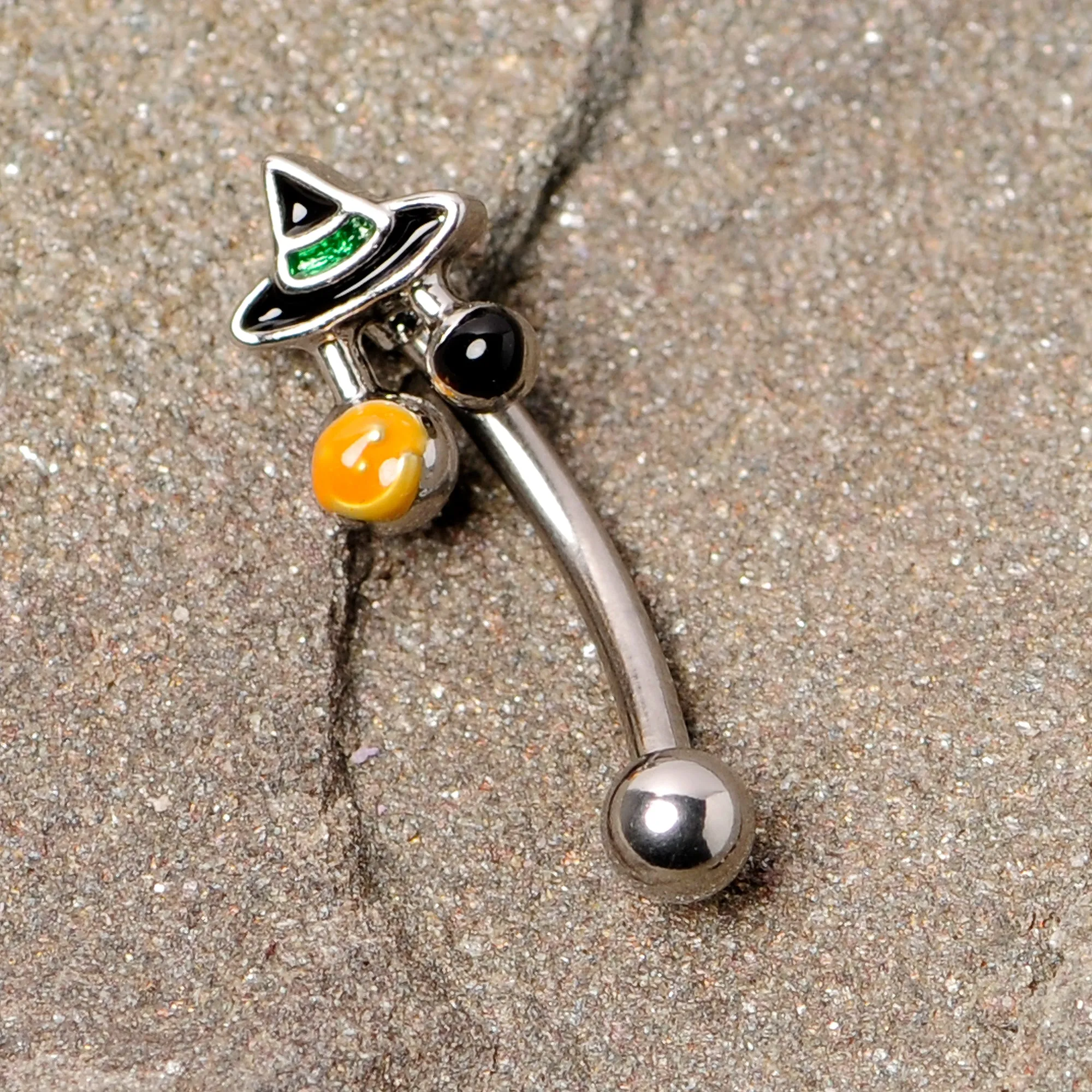 16 Gauge 5/16 Black Green Witches Hat Halloween Curved Eyebrow Ring