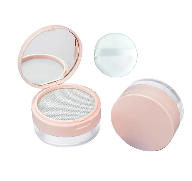 1PCSLoose Powder Cocntainer No Leaks Empty Reusable Plastic Loose Powder Compact Container Makeup Sponge Powder Puff,Mirror and Elasticated Net Sifter