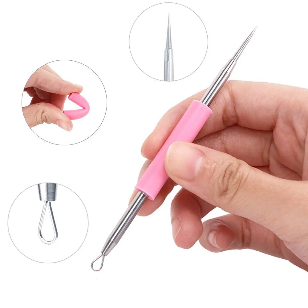 2pcs Stainless Steel Acne Removal Needle with Pink and Blue Silicon Tube Loop Blackhead Extractor Comedone Extractor Blackhead and Whitehead Remover Tools 2 in 1