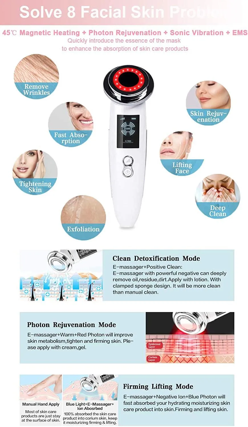 5 in 1 Facial Massager Face LED Light Skin Care Beauty Device, Photon Skin Rejuvenation Apparatus, Skin Rejuvenation/Anti-aging/Skin Tightening/Face Lifting/Face Cleansing/Wrinkle Removing, Best Lady