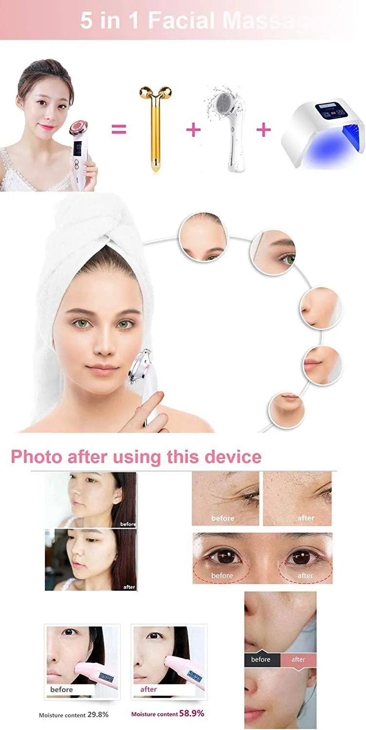 5 in 1 Facial Massager Face LED Light Skin Care Beauty Device, Photon Skin Rejuvenation Apparatus, Skin Rejuvenation/Anti-aging/Skin Tightening/Face Lifting/Face Cleansing/Wrinkle Removing, Best Lady
