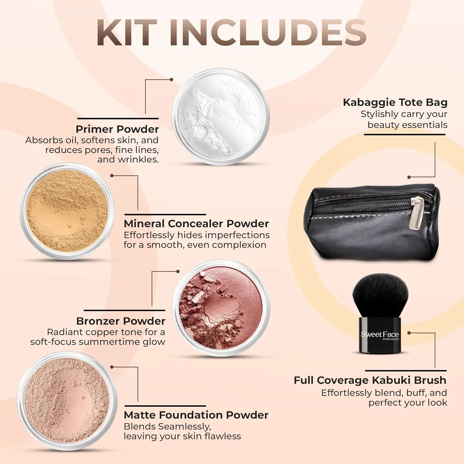 6pc FULL SIZE KIT KABUKI & KABAGGIE Tote Mineral Makeup Set Matte Foundation Bare Face Sheer Powder Cover (Light Tan)