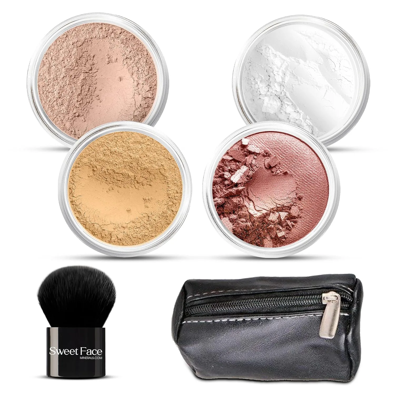 6pc FULL SIZE KIT KABUKI & KABAGGIE Tote Mineral Makeup Set Matte Foundation Bare Face Sheer Powder Cover (Light Tan)