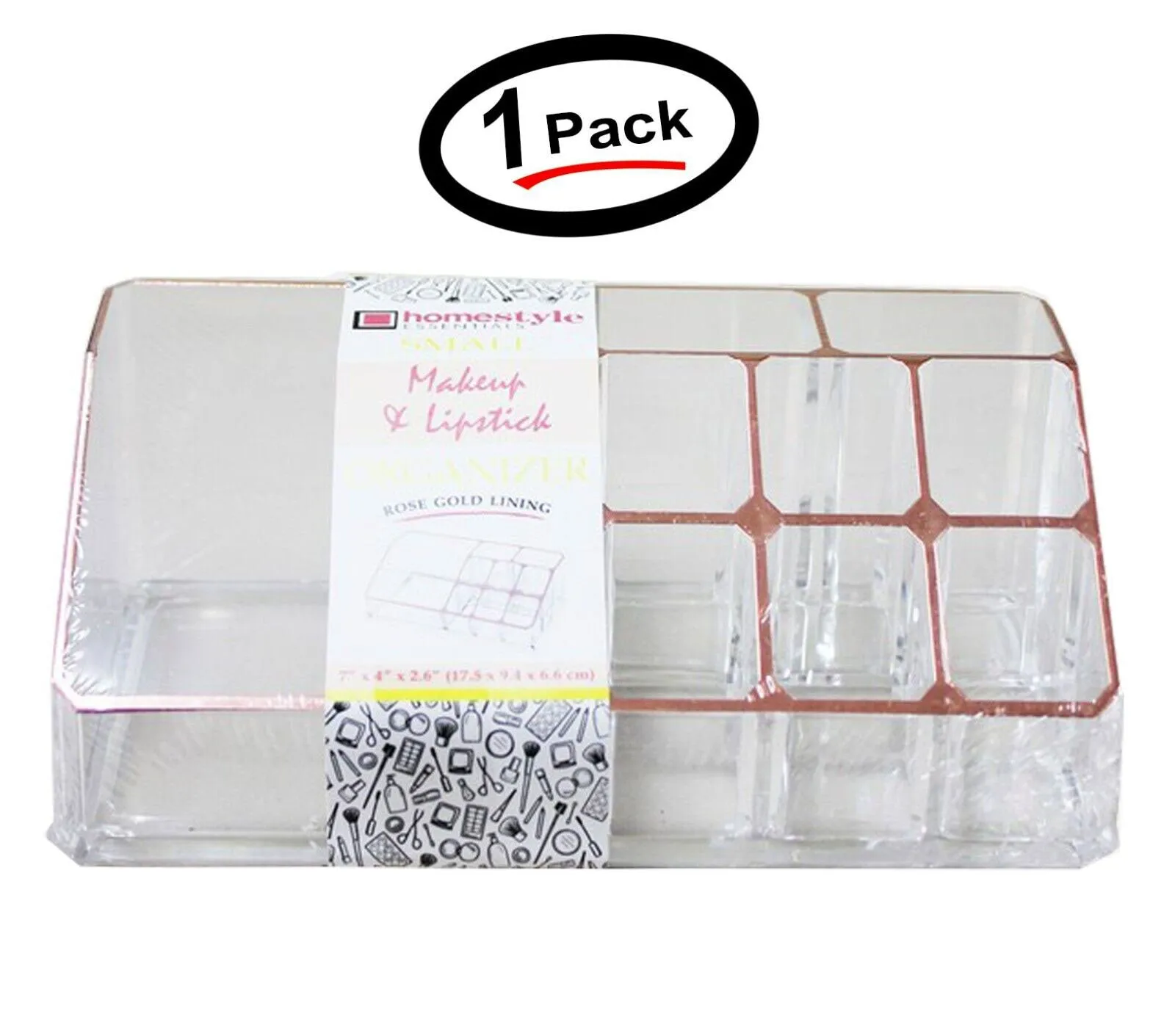 9 Compartment Makeup and Lipstick Crystal Clear Organizer With Rose Gold Lining