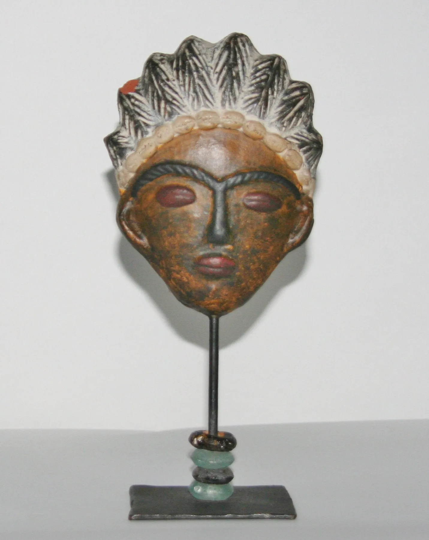 African Mask Clay Double Face Sculpture Handcrafted West Africa