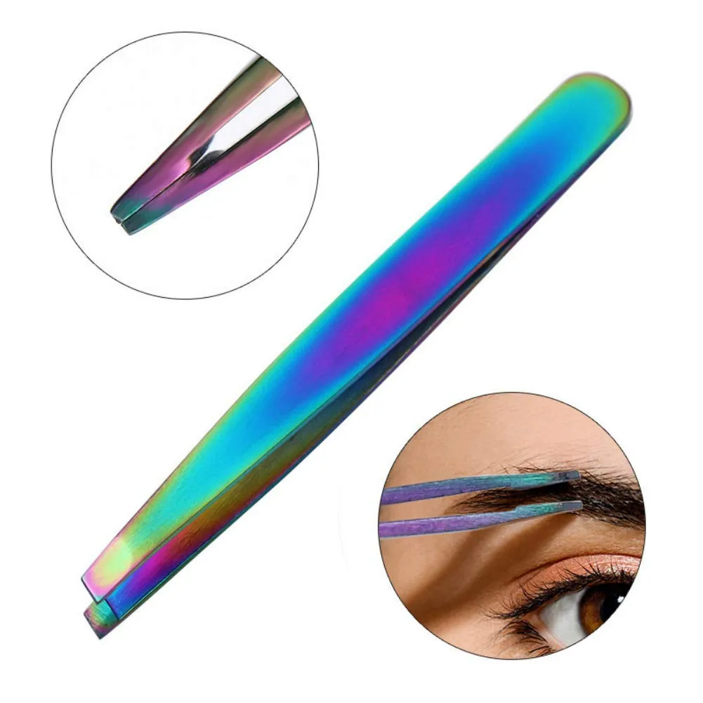 AKOAK 2 Pieces Rainbow Stainless Steel Slant Tip Eyebrow Tweezer and Eyebrow Scissor Facial Hair Removal Makeup Tool