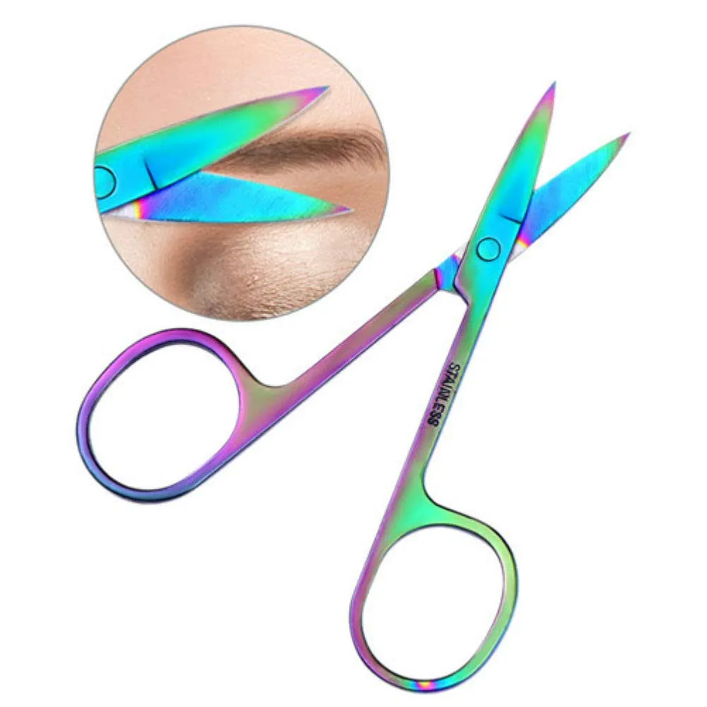 AKOAK 2 Pieces Rainbow Stainless Steel Slant Tip Eyebrow Tweezer and Eyebrow Scissor Facial Hair Removal Makeup Tool