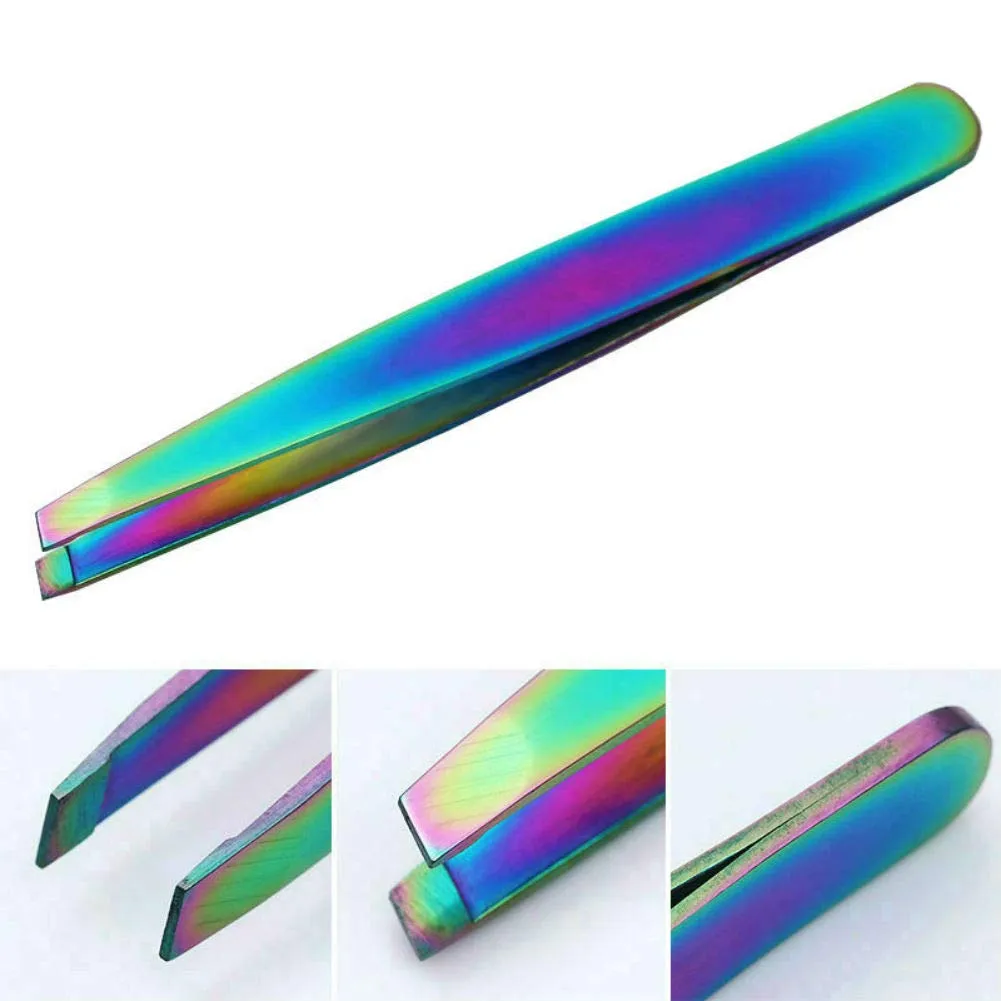 AKOAK 2 Pieces Rainbow Stainless Steel Slant Tip Eyebrow Tweezer and Eyebrow Scissor Facial Hair Removal Makeup Tool