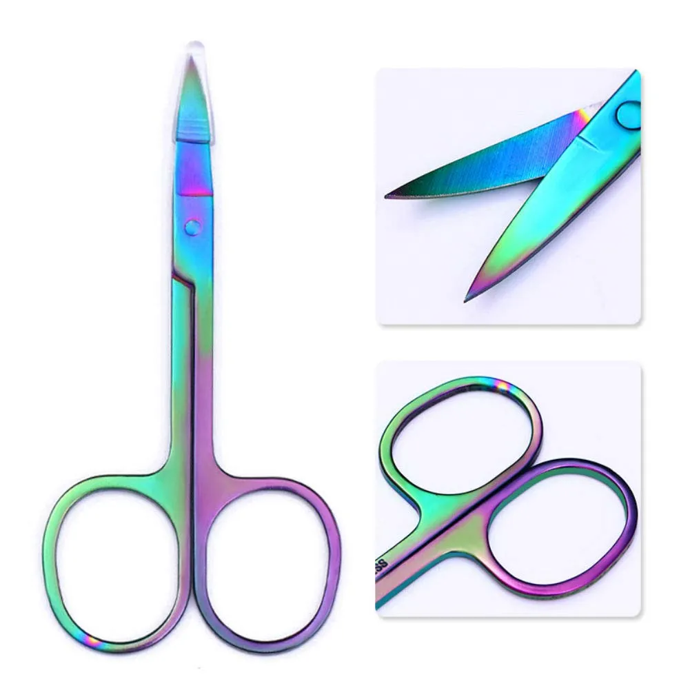 AKOAK 2 Pieces Rainbow Stainless Steel Slant Tip Eyebrow Tweezer and Eyebrow Scissor Facial Hair Removal Makeup Tool