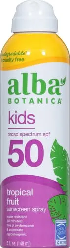 Alba Botanica Kids Sunscreen Spray for Face and Body, Tropical Fruit, Broad Spectrum SPF 50, Water Resistant, 5 fl. oz. Bottle