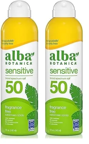 Alba Botanica Sensitive Sunscreen Spray for Face and Body, Fragrance-Free, Broad Spectrum SPF 50, Water Resistant, 5 fl. oz. Bottle (Pack of 2)