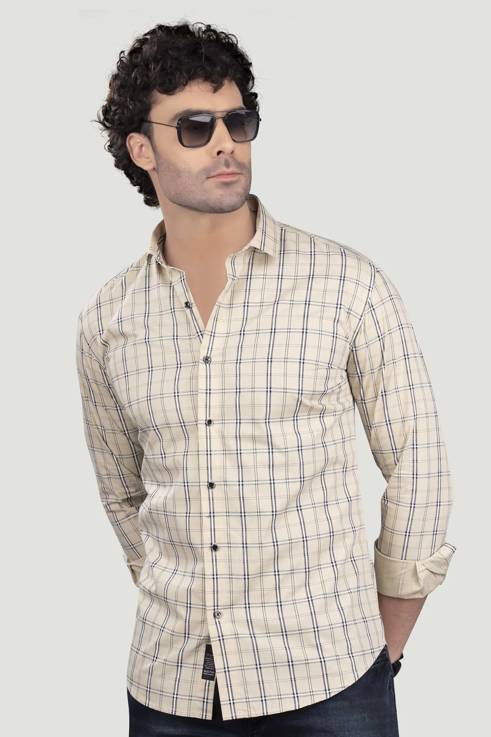 Avram Cream Cotton Check Shirt