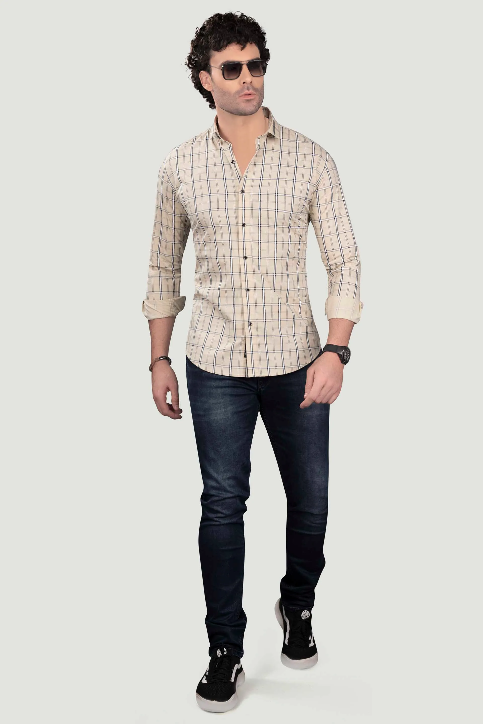 Avram Cream Cotton Check Shirt