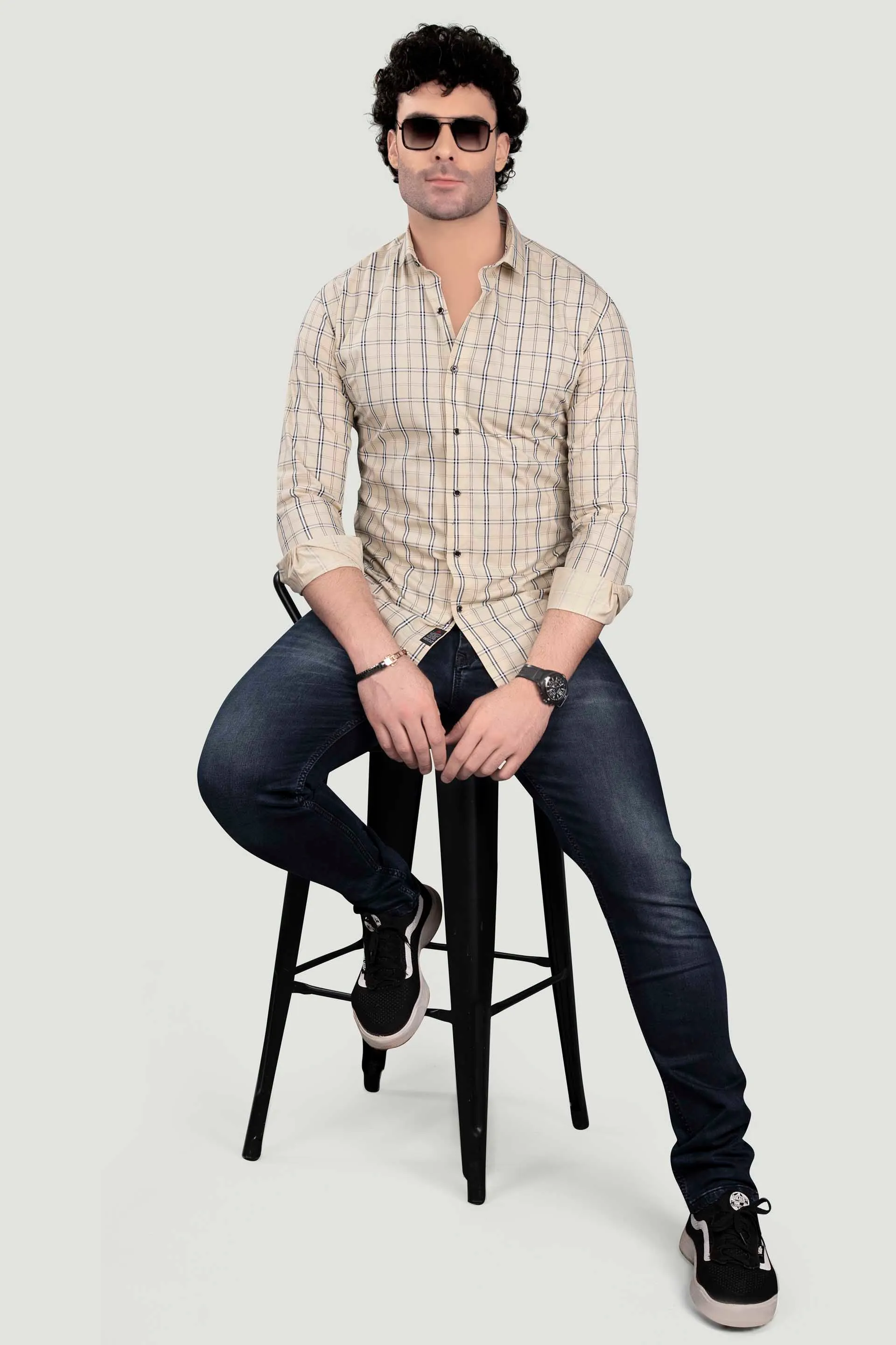 Avram Cream Cotton Check Shirt