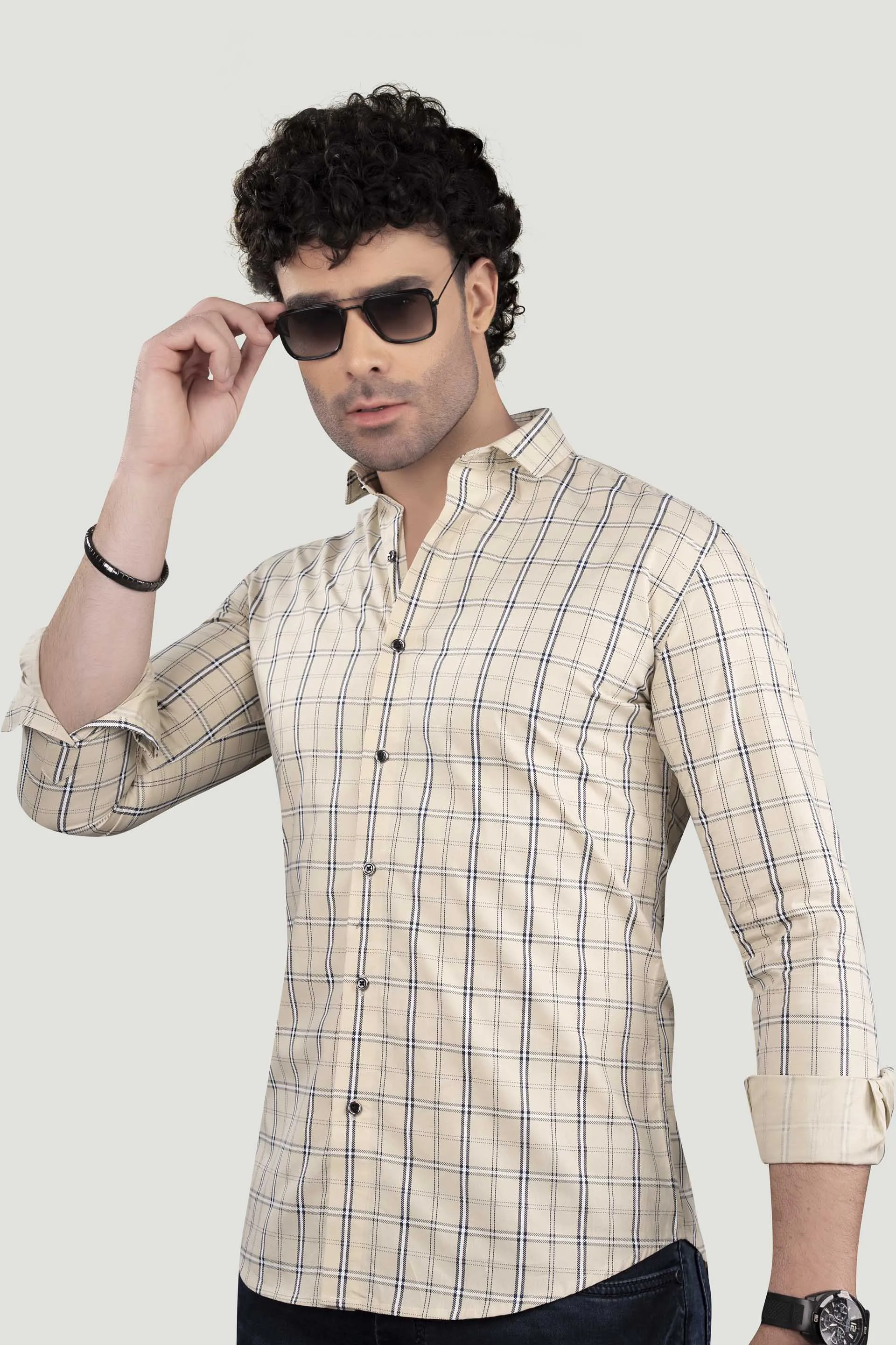 Avram Cream Cotton Check Shirt