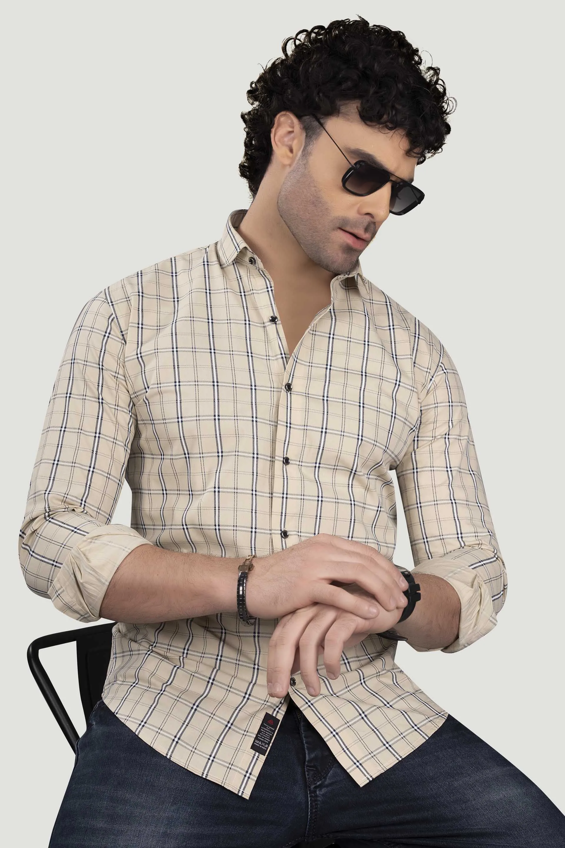 Avram Cream Cotton Check Shirt