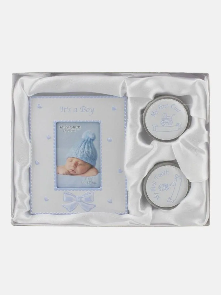 Baby Boy Little Joys Gift Set - 2" X 3" Frame / 1st Tooth /1st Curl Boxes - Baby Blue