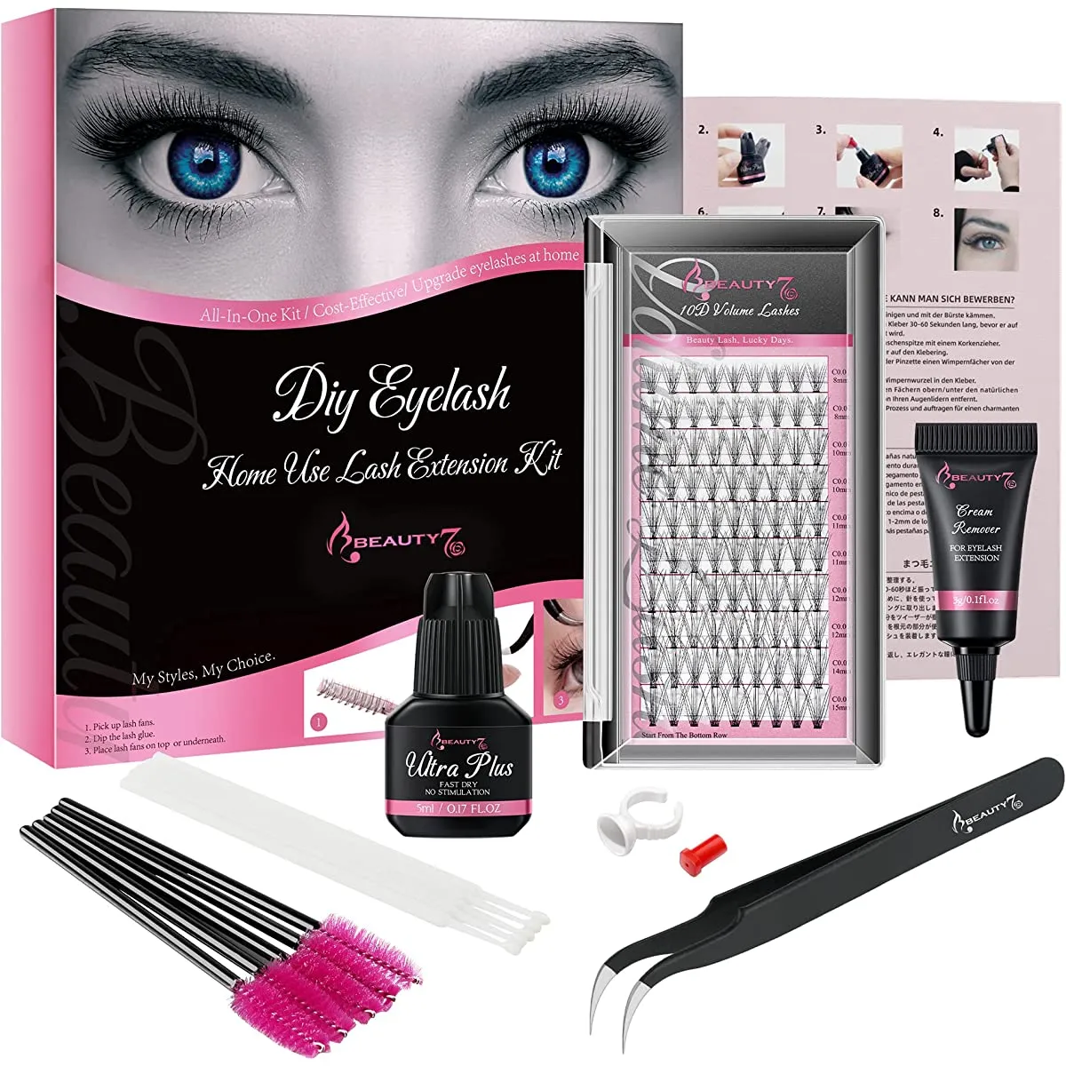 Beauty7 Matsuek Eyelash Extension Set Self Use Complete Kit C Curl Volume Lash Mixed Length No Stimulation Glue Cream Remover Quick Dry Eyelash Extension Tweezer Beginner Japanese Instruction Manual Included Easy to Do at Home