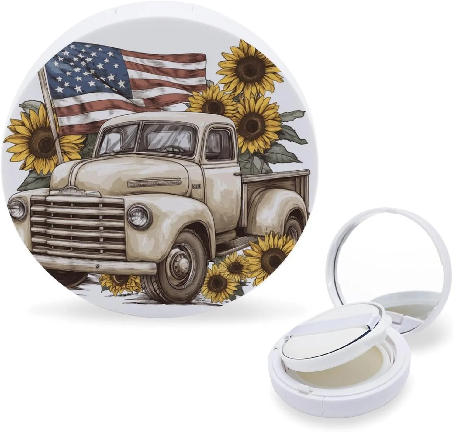 Beige Truck with An American Flag Air Cushion Puff Box Portable Cosmetic Makeup Case Container,Loose Powder Foundation Container