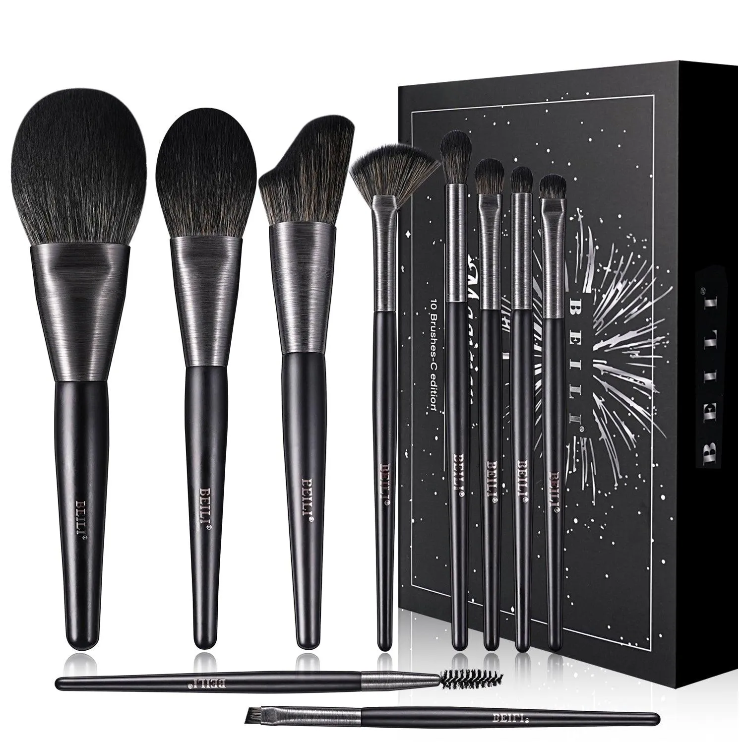 BEILI 10Pcs Make Up Brush Set With Gift Bag Wood-Retro-Black  MC10