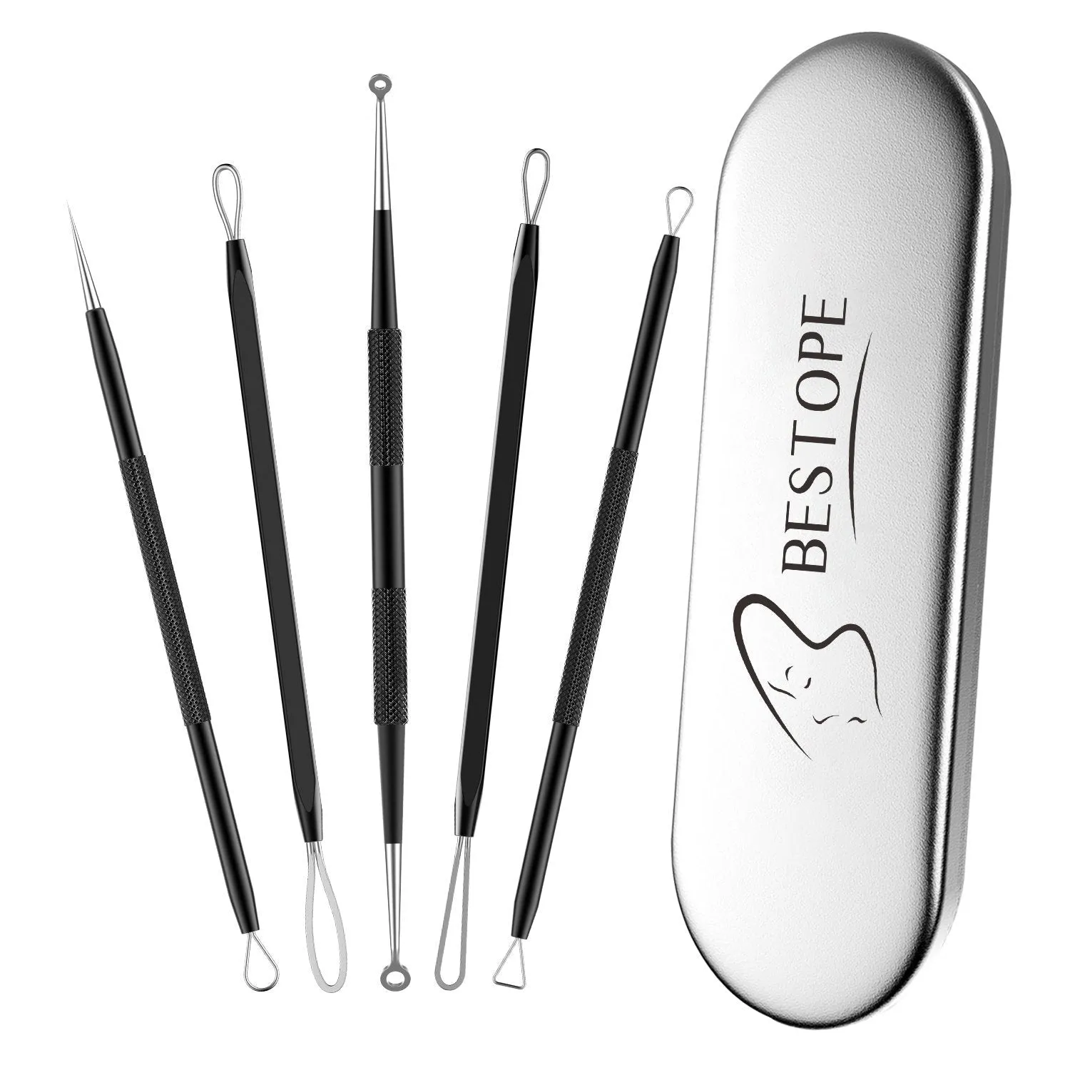 BESTOPE Blackhead Remover Pimple Popper Tool Kit Acne Comedone Zit Blackhead Extractor Tool for Nose Face, Blemish Whitehead Extraction Popping,Stainless Steel with Metal Case(Black) Black