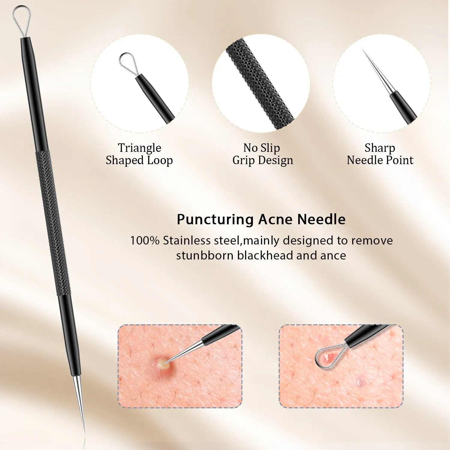 BESTOPE Blackhead Remover Pimple Popper Tool Kit Acne Comedone Zit Blackhead Extractor Tool for Nose Face, Blemish Whitehead Extraction Popping,Stainless Steel with Metal Case(Black) Black