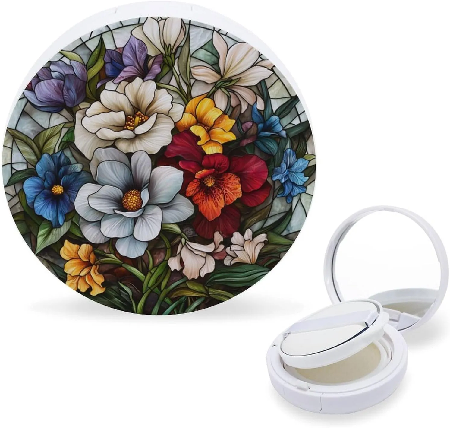 Birth Flowers Stained Glass Air Cushion Puff Box Portable Cosmetic Makeup Case Container,Loose Powder Foundation Container
