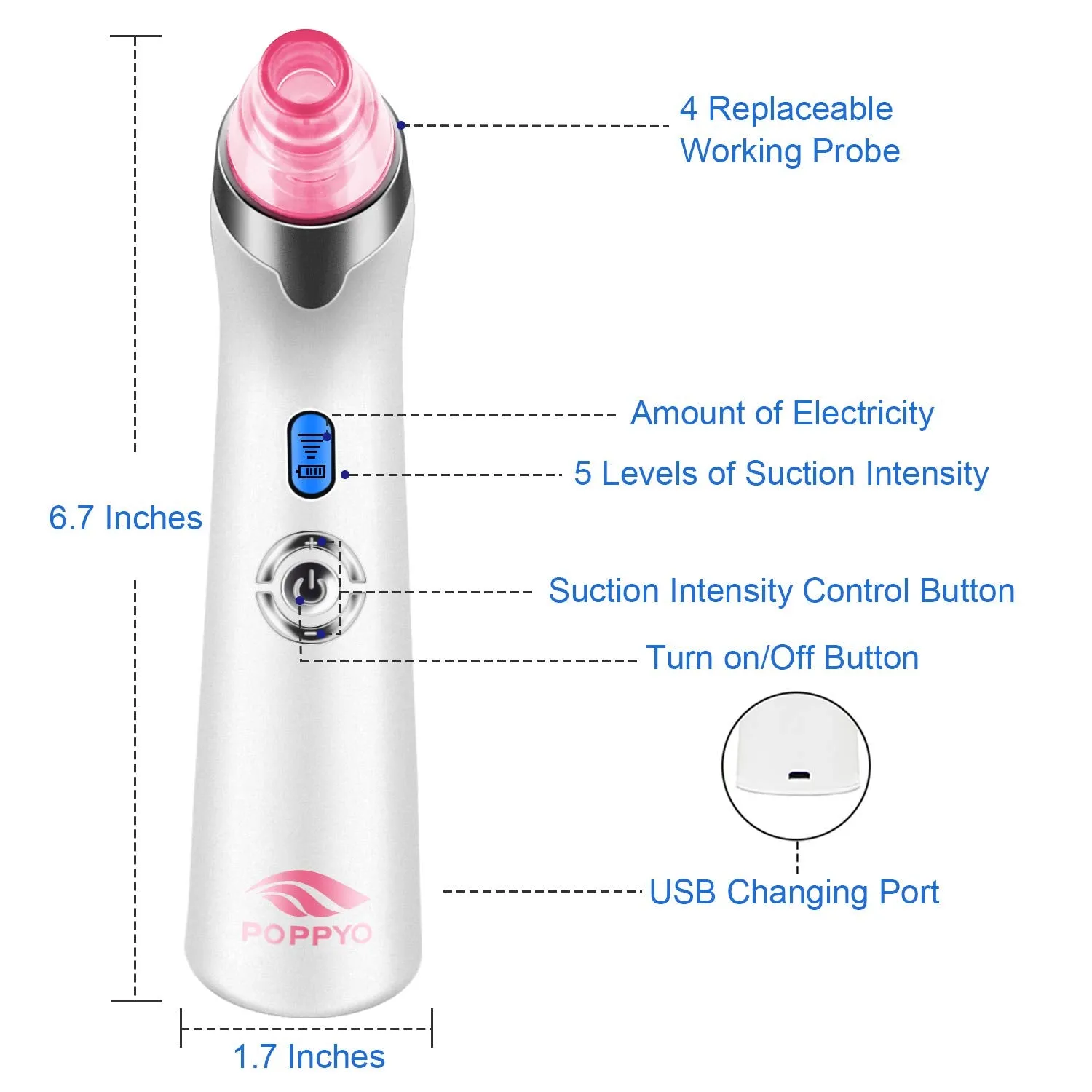 Blackhead Remover Vacuum, POPPYO Blackhead Pore Vacuum, Electric Facial Blackhead & Blemish Removers Cleaner, Blackhead Vacuum for Women（Pink) Pink