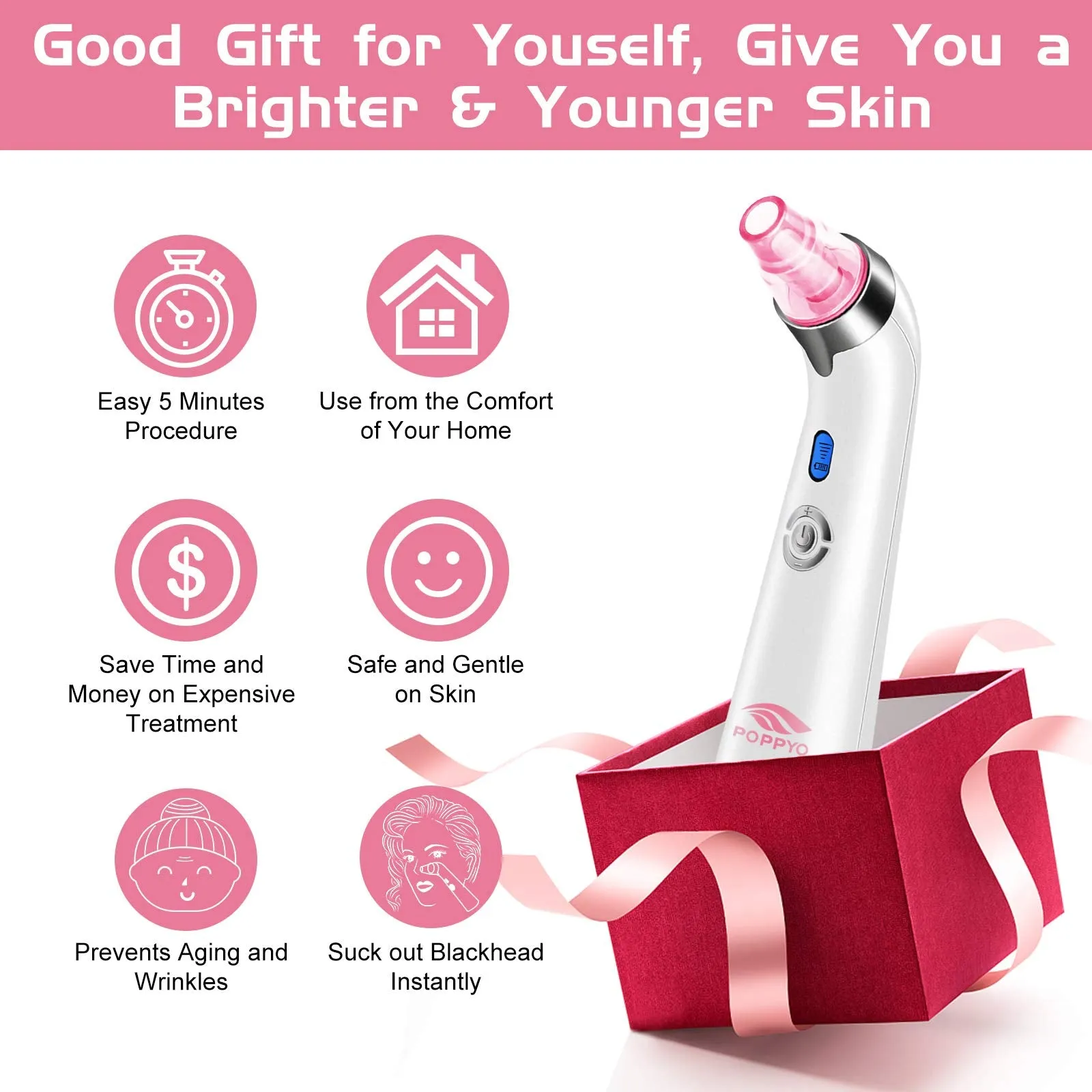 Blackhead Remover Vacuum, POPPYO Blackhead Pore Vacuum, Electric Facial Blackhead & Blemish Removers Cleaner, Blackhead Vacuum for Women（Pink) Pink