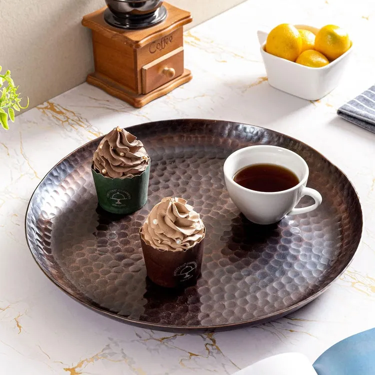 Copper Tone Hammered Metal Round Vanity Tray, Decorative Serving Platter, Tabletop Centerpiece Base with Antique Finish