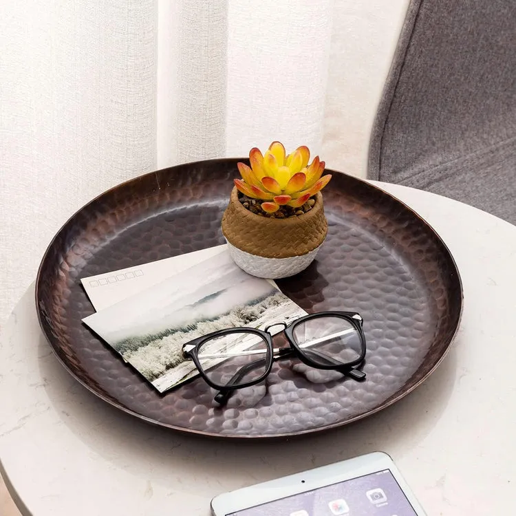 Copper Tone Hammered Metal Round Vanity Tray, Decorative Serving Platter, Tabletop Centerpiece Base with Antique Finish