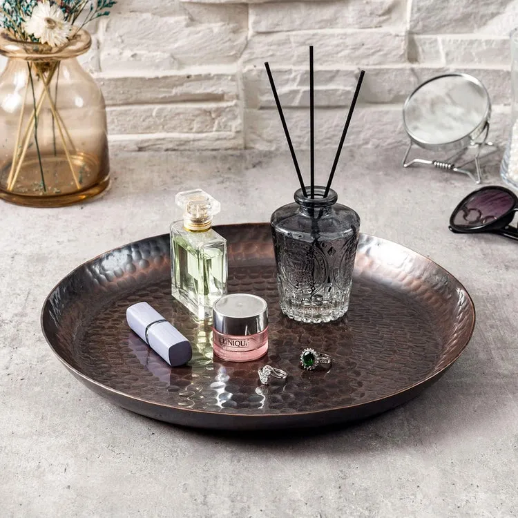 Copper Tone Hammered Metal Round Vanity Tray, Decorative Serving Platter, Tabletop Centerpiece Base with Antique Finish