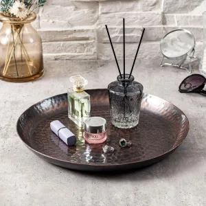 Copper Tone Hammered Metal Round Vanity Tray, Decorative Serving Platter, Tabletop Centerpiece Base with Antique Finish