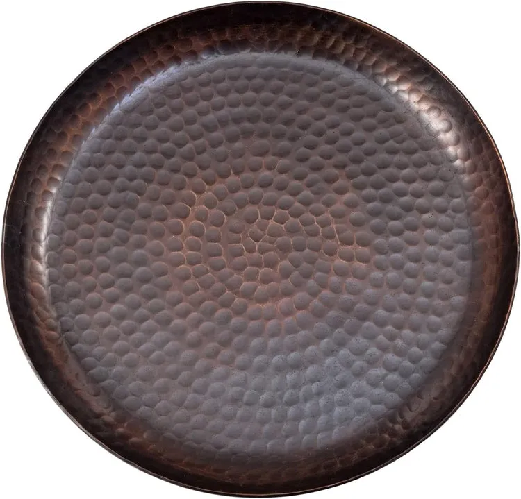 Copper Tone Hammered Metal Round Vanity Tray, Decorative Serving Platter, Tabletop Centerpiece Base with Antique Finish