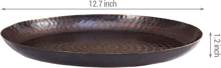 Copper Tone Hammered Metal Round Vanity Tray, Decorative Serving Platter, Tabletop Centerpiece Base with Antique Finish