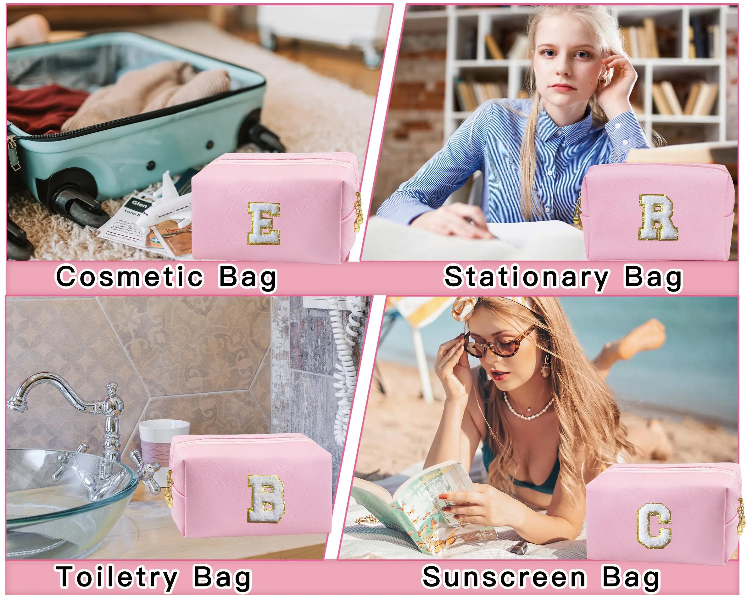 COSHAYSOO 2 Pieces Initial Makeup Bag Small Cosmetic Period Pouch Sanitary Napkin Storage PU Leather Puffy Letter Patch for Teen Girl Friend Bridal Shower Bride Wedding Team Bridesmaid Gift Pink B