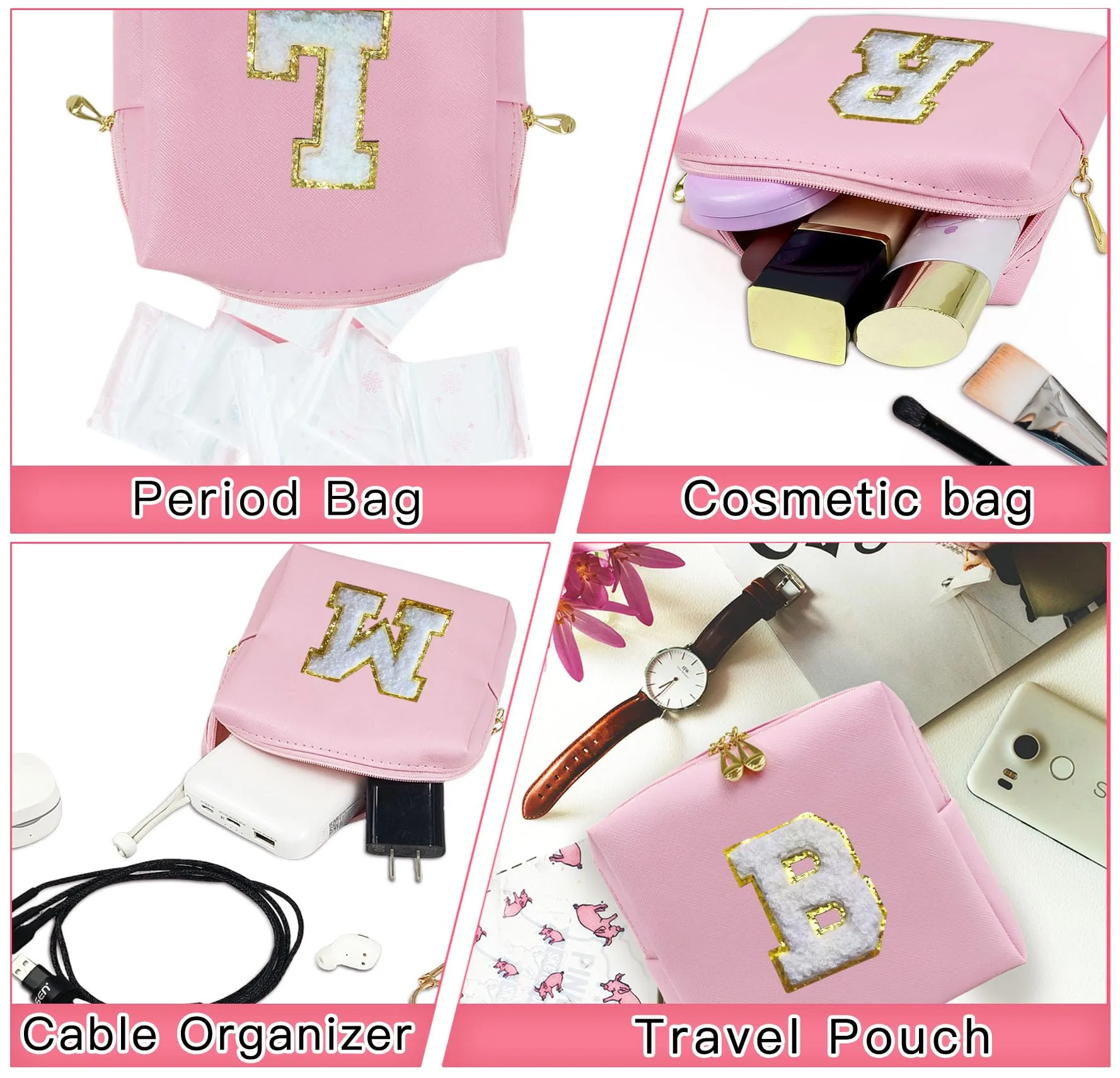 COSHAYSOO 2 Pieces Initial Makeup Bag Small Cosmetic Period Pouch Sanitary Napkin Storage PU Leather Puffy Letter Patch for Teen Girl Friend Bridal Shower Bride Wedding Team Bridesmaid Gift Pink B