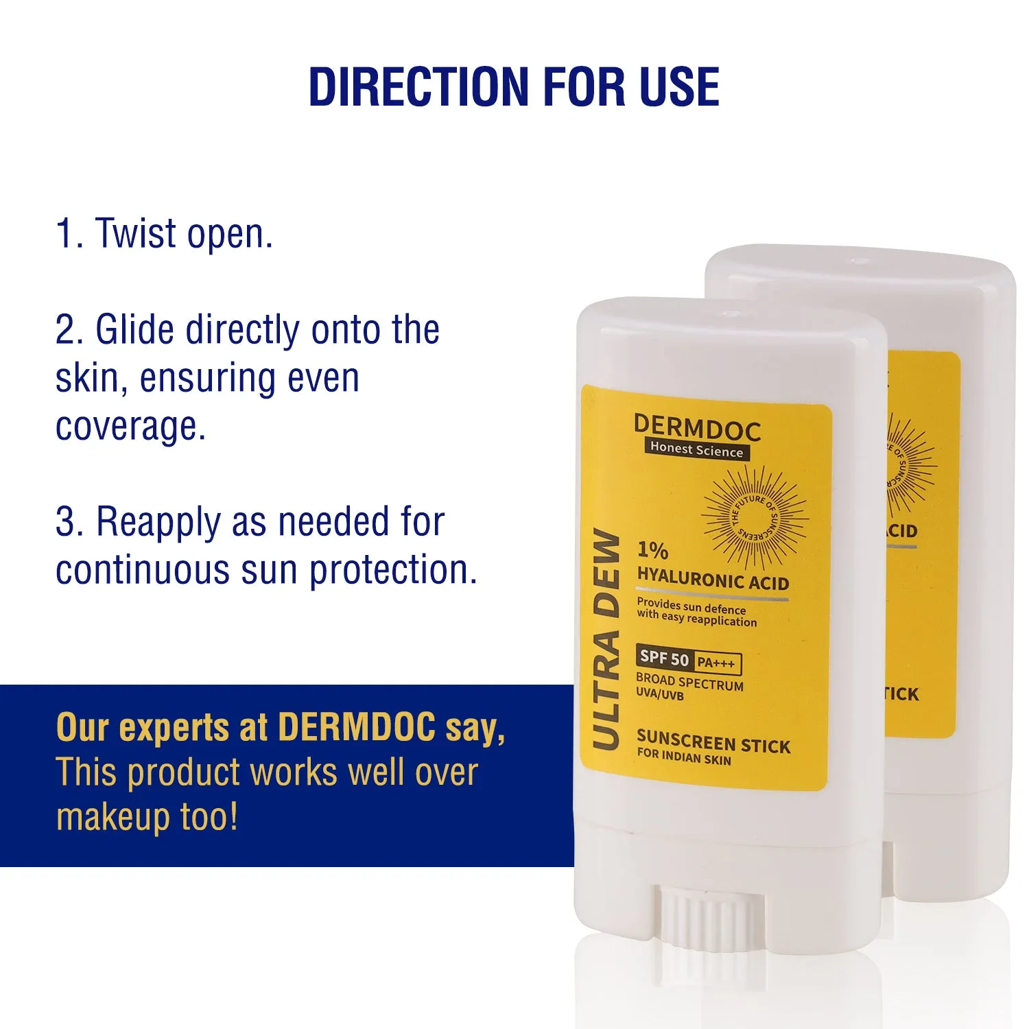 DERMDOC By Purplle 1% Hyaluronic Acid Mini Sunscreen Stick (13 gm) | SPF 50 | PA     | Dewy Finish | Easy Application | Travel Friendly