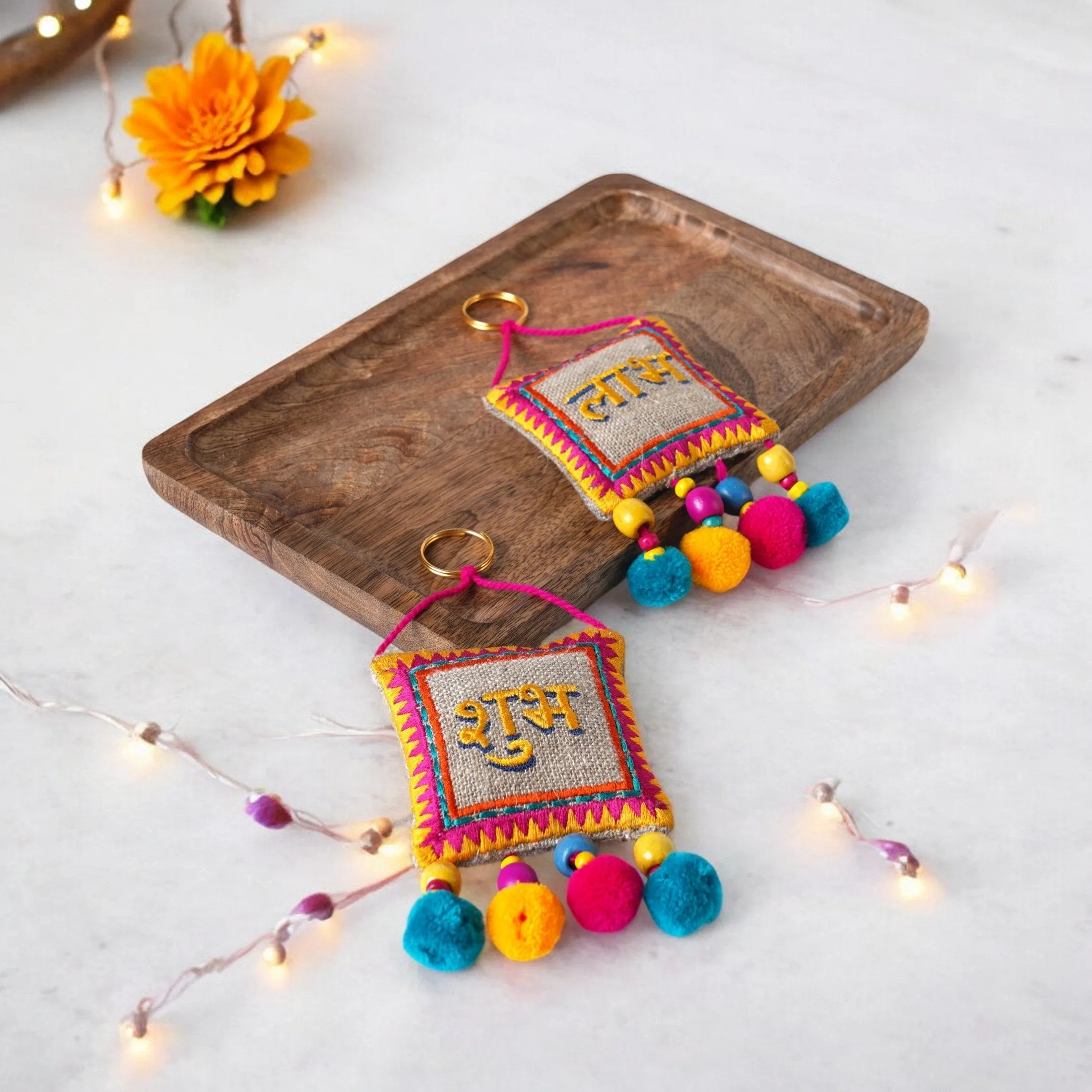 DIWALI GIFT PACK - Natural finish wooden snack tray with pair of SHUBH-LABH tassels