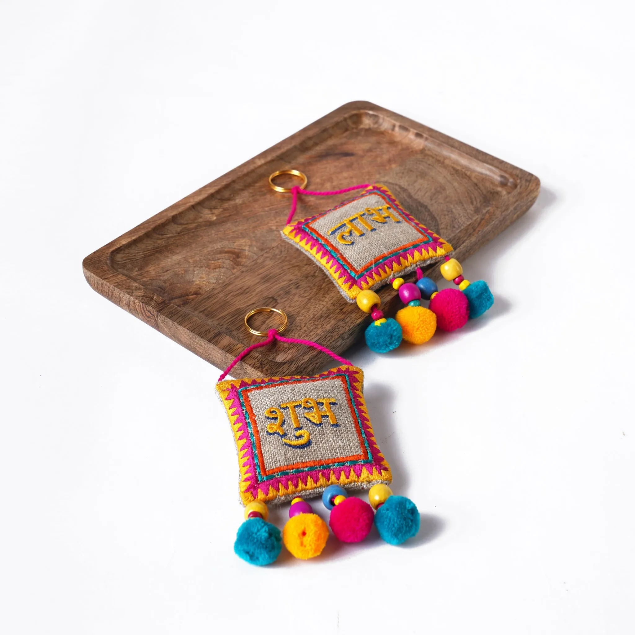 DIWALI GIFT PACK - Natural finish wooden snack tray with pair of SHUBH-LABH tassels