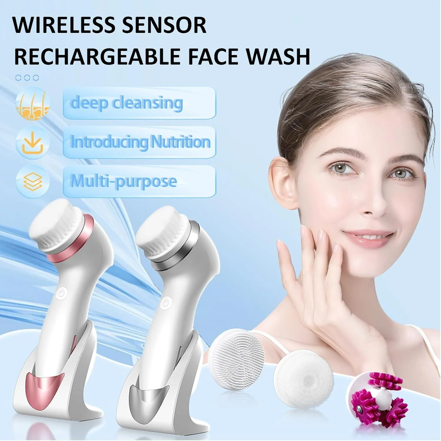 Electrical Facial Cleansing Brush - 3 Brush Heads for Deep Skin Cleaning, Gentle Exfoliating and Massaging - IPX7 Waterproof - USB Rechargeable Dock with Exquisite Present Box (Silver)