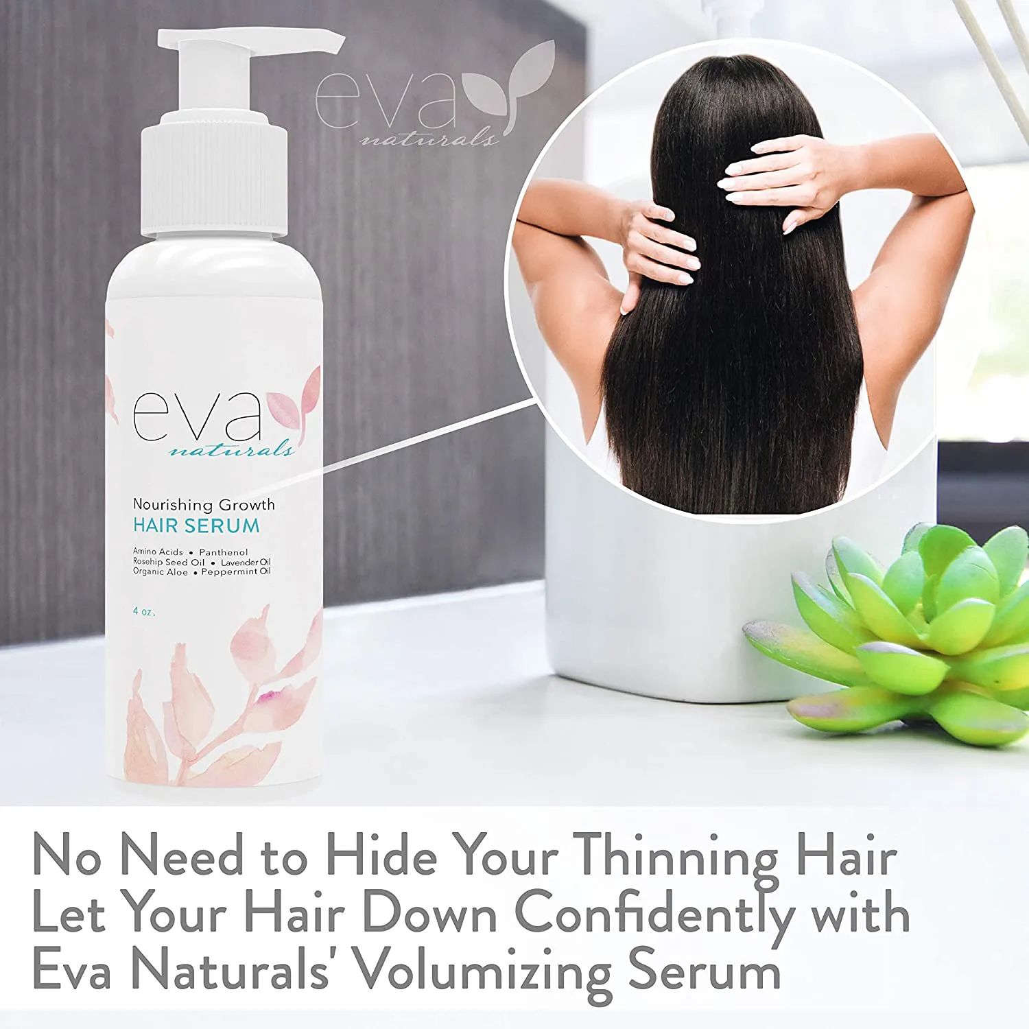 Eva Naturals Biotin Hair Growth Serum - All Natural, Healthy & Nourishing Hair Treatment Repair Serum for Hair Loss Support and Frizz Control - Advanced Hair Thickening Formula for Men & Women - 4 Oz
