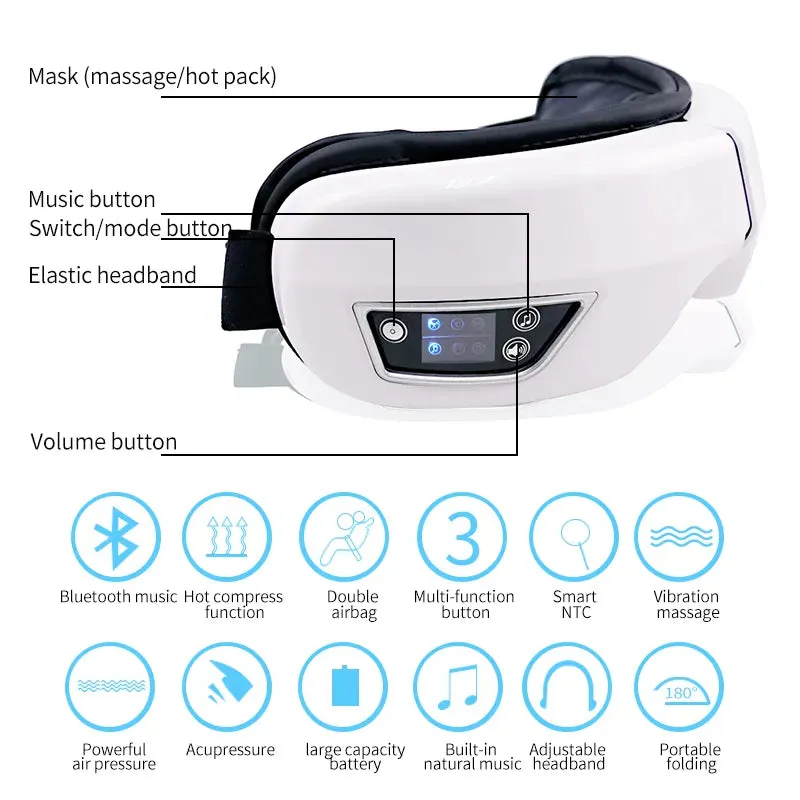 Eye Massager With Heat: Smart Airbag Vibration Eye Care Compress Bluetooth Eye Massage, Relax Migraines, Relief, Improve Sleep