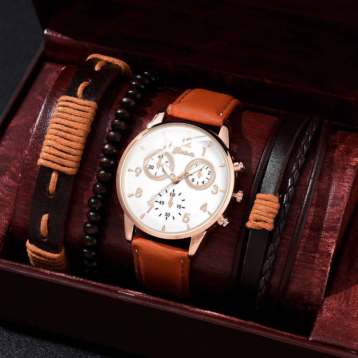 Father's Day Gift 4pcs Set of Luxury Fashion Design Men's Watches with Leather Strap and Quartz Movement