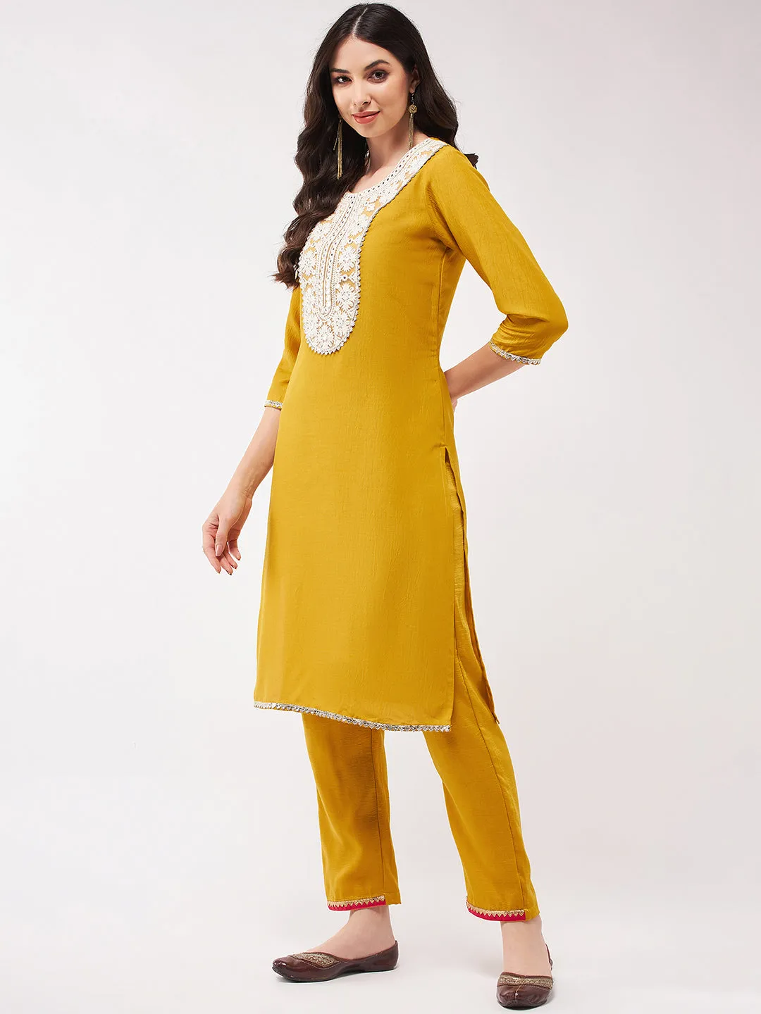 Festive Embroidered Neck-Patch Kurta With Laces
