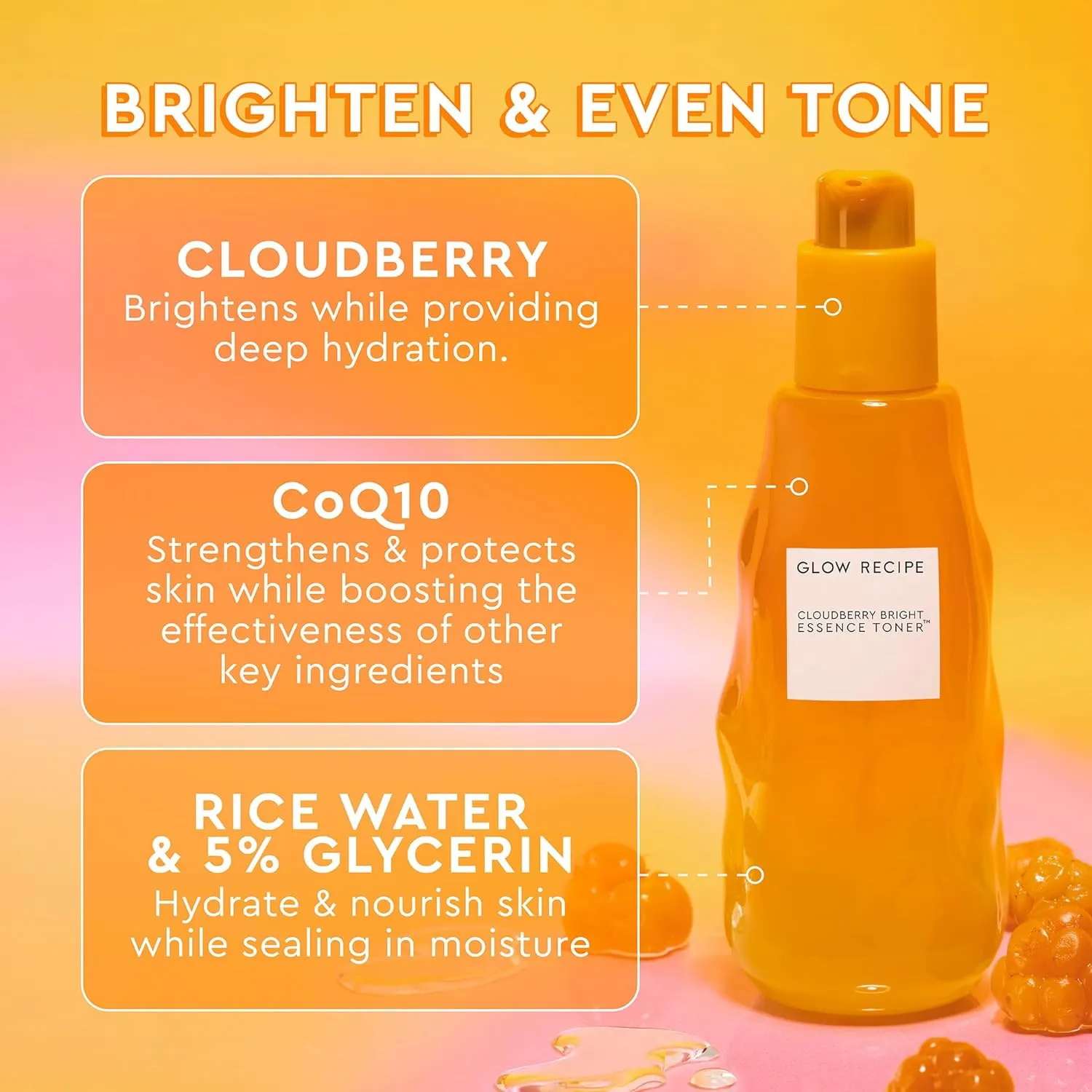 Glow Recipe Cloudberry Brightening Toner   Essence Skincare - CoQ10 Face Toner to Strengthen Skin Barrier   Hydrating Rice Water, Vitamin C, E & 5% Glycerin to Soften & Even Skin Tone (75ml)