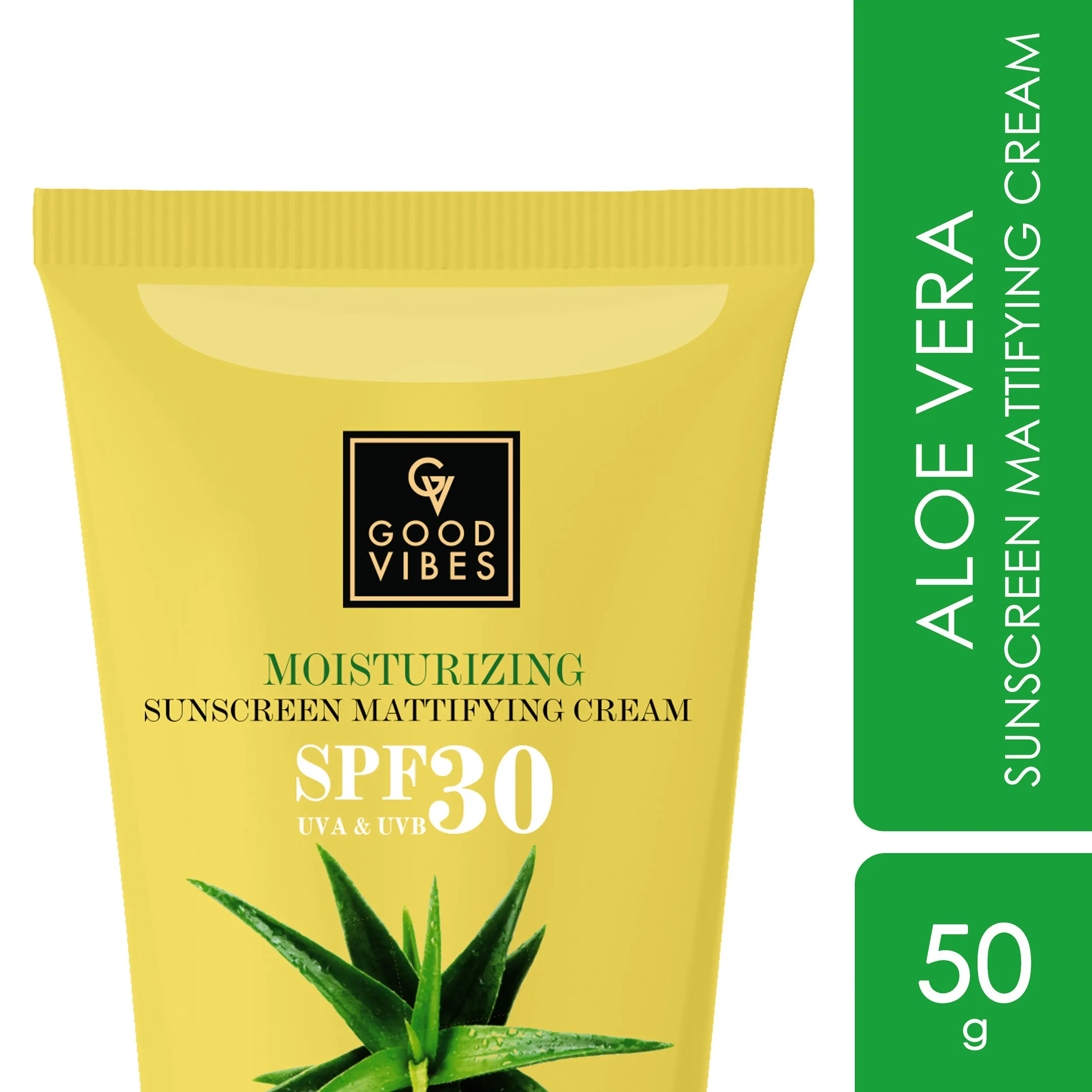 Good Vibes Aloe Vera Moisturizing Sunscreen Mattifying Cream SPF 30 | Anti-oxidant, Calming | Vegan, No Parabens, No Mineral Oil, No Silicones, No Animal Testing (50 g)
