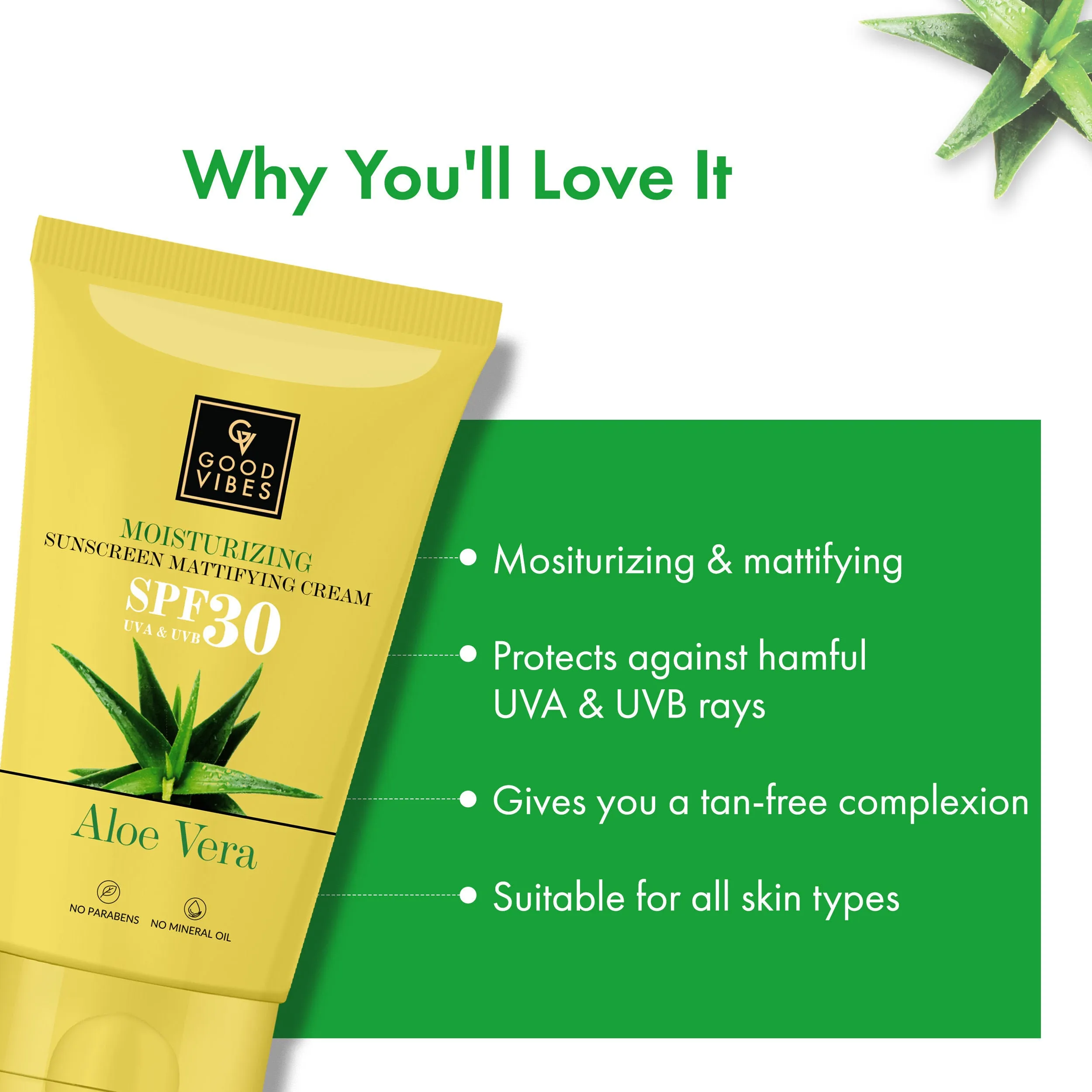 Good Vibes Aloe Vera Moisturizing Sunscreen Mattifying Cream SPF 30 | Anti-oxidant, Calming | Vegan, No Parabens, No Mineral Oil, No Silicones, No Animal Testing (50 g)
